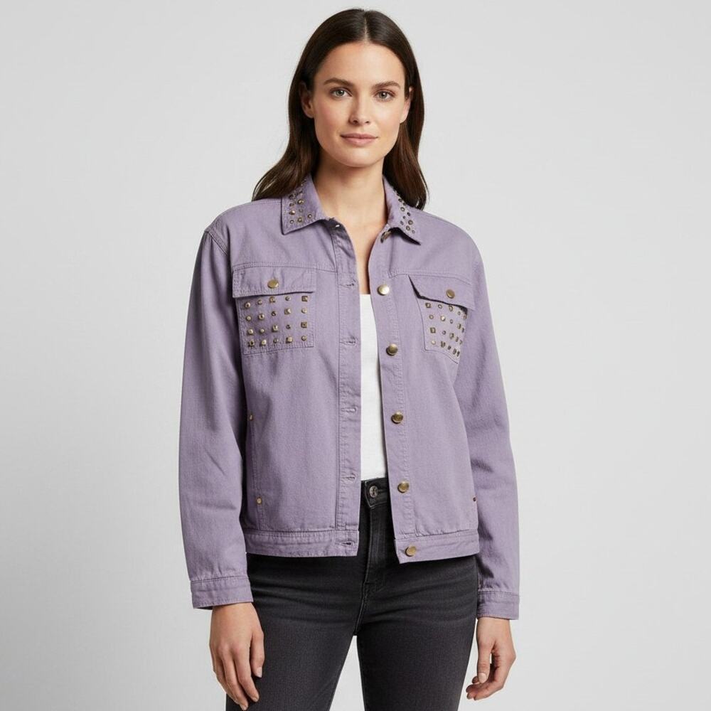 Vintage EVR Women's Size Medium Jacket Purple w/ Gold Studs Buttons Lightweight